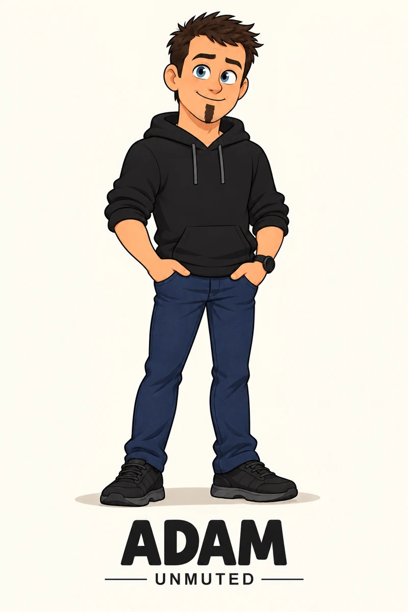 Adam’s illustrated character in a black hoodie and jeans