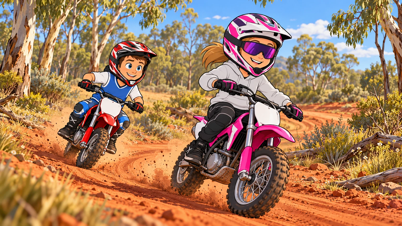 Dean and Dakota riding dirt bikes through Australian bushland