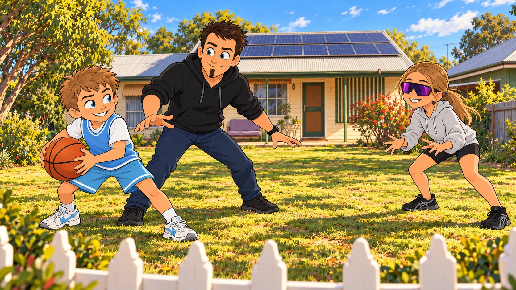 Adam, Dean and Dakota playing basketball outside the family home