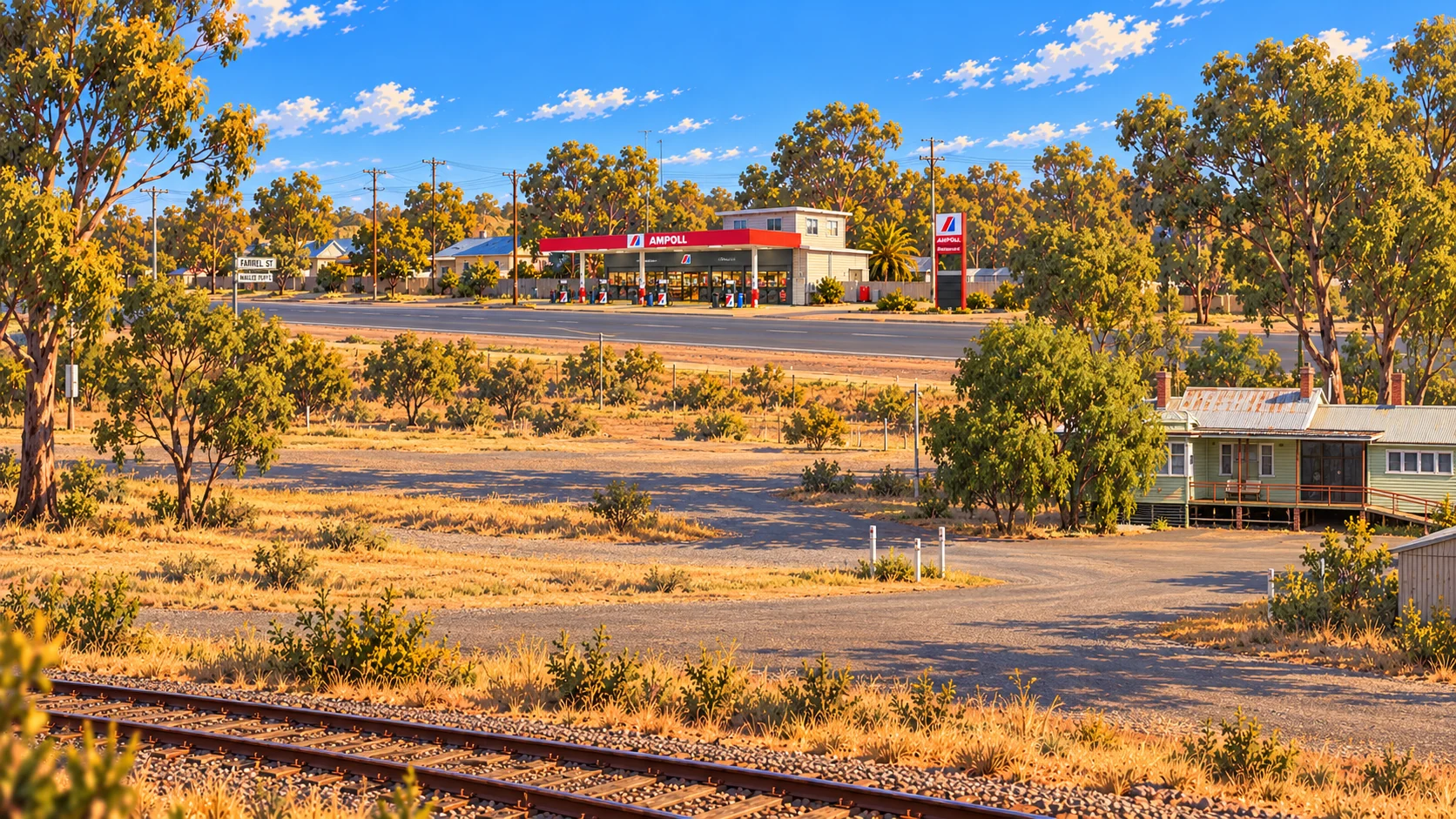 Golden afternoon across the rail reserve towards Ampoll Roadhouse in Mallee Flats
